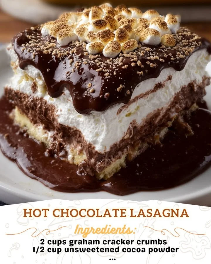 Layers of delicious hot chocolate lasagna with chocolate and cream filling