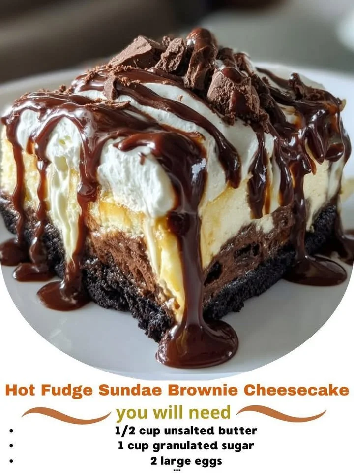 Hot fudge sundae brownie cheesecake with layers of rich chocolate and creamy cheesecake
