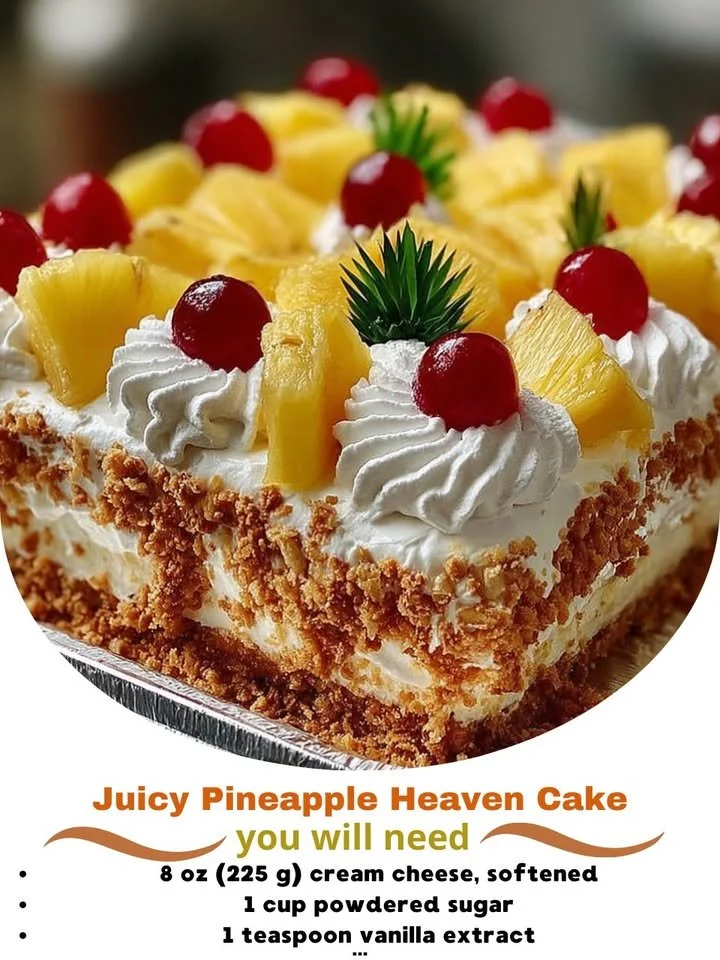 Delicious Juicy Pineapple Heaven Cake topped with fresh pineapple and cream