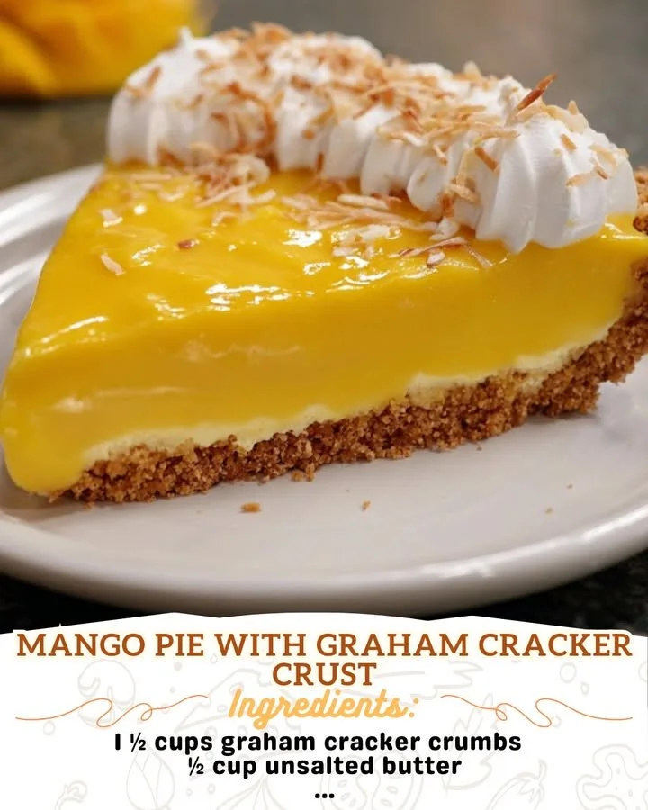 Slice of mango pie with a graham cracker crust on a white plate