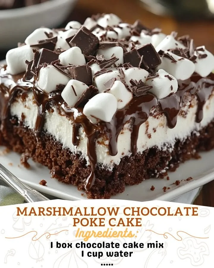 Delicious Marshmallow Chocolate Poke Cake with chocolate drizzle and marshmallow topping.