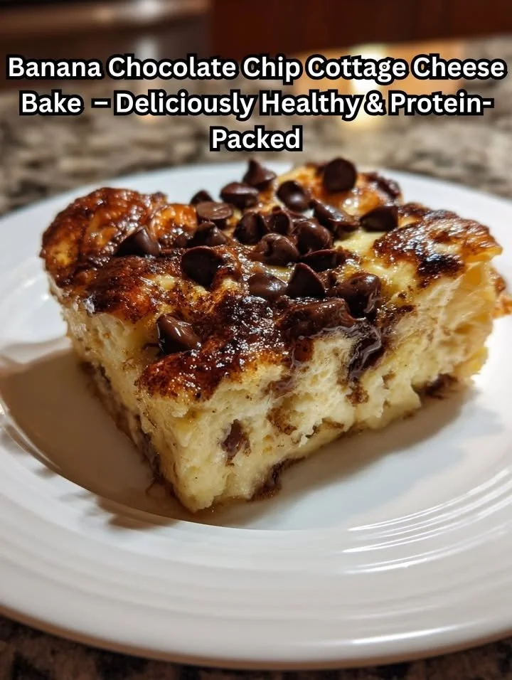 Moist banana chocolate chip cottage cheese bake sliced and served on a plate