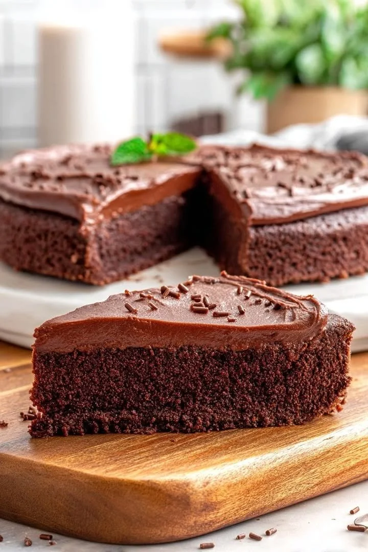 Moist eggless chocolate cake topped with rich chocolate glaze