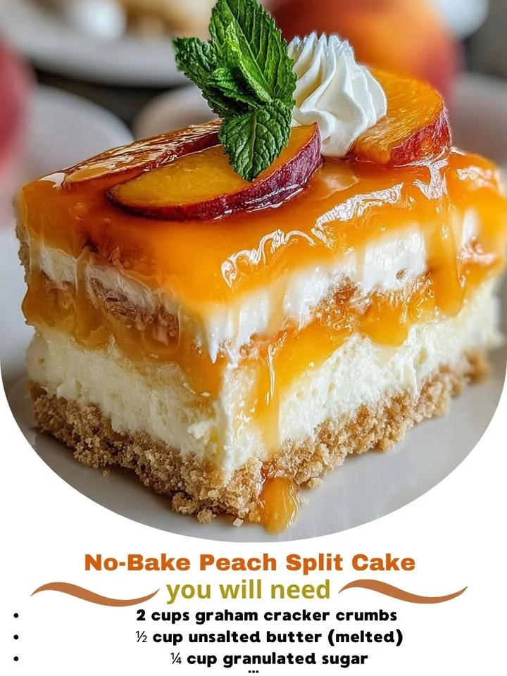 Delicious no-bake peach split cake dessert topped with fresh peaches.