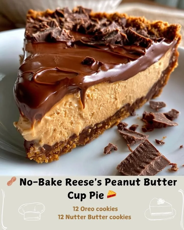 Delicious No-Bake Reese's Peanut Butter Cup Pie with a creamy filling and chocolate crust