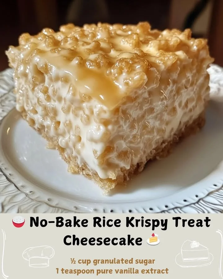 No-Bake Rice Krispy Treat Cheesecake topped with crispy rice cereal