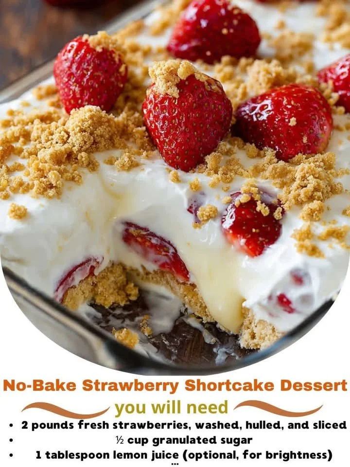 No-bake strawberry shortcake dessert topped with fresh strawberries