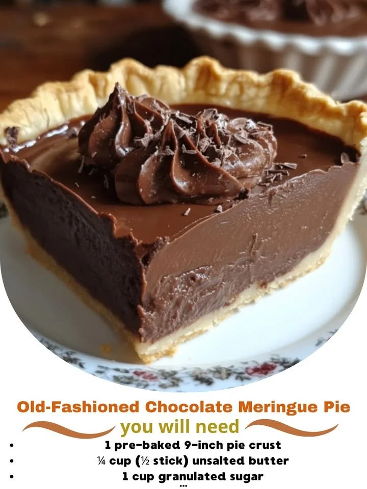 Old-fashioned chocolate meringue pie with fluffy meringue topping