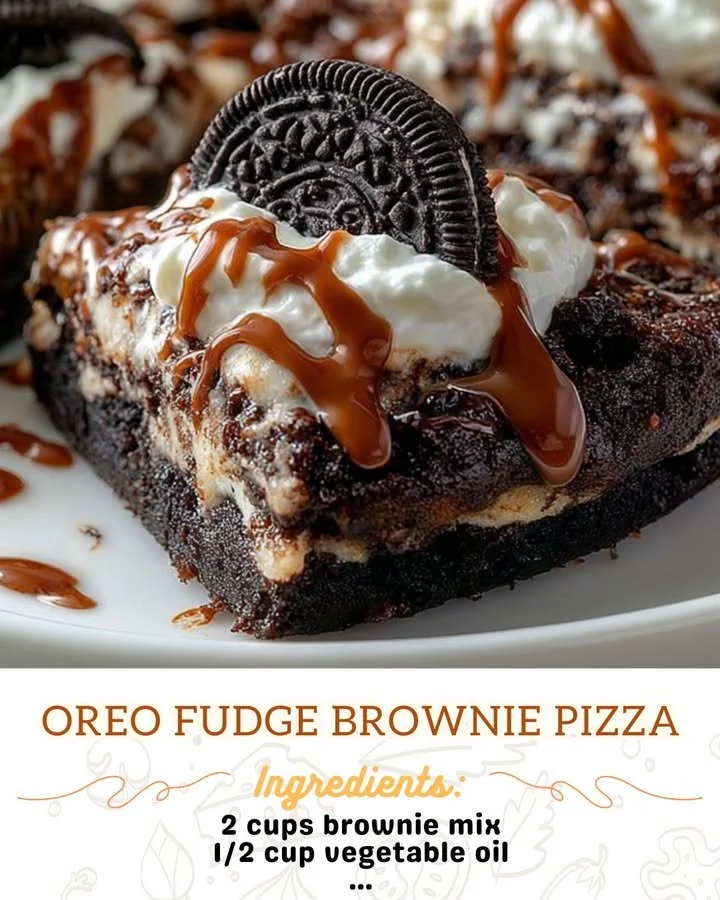 Delicious Oreo Fudge Brownie Pizza topped with Oreos and fudge sauce.