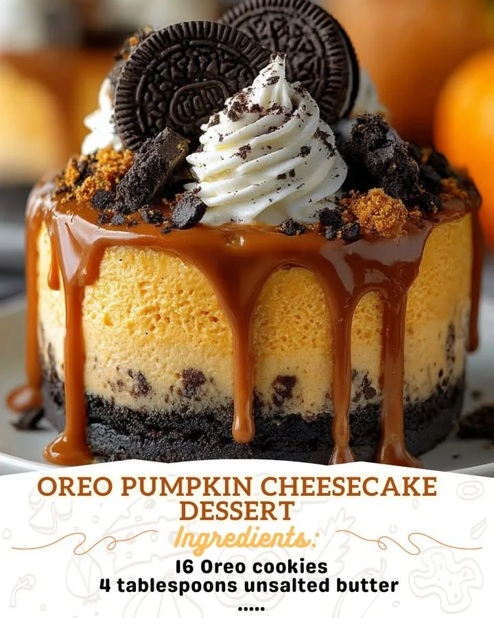 Oreo pumpkin cheesecake dessert topped with whipped cream and chocolate drizzle.