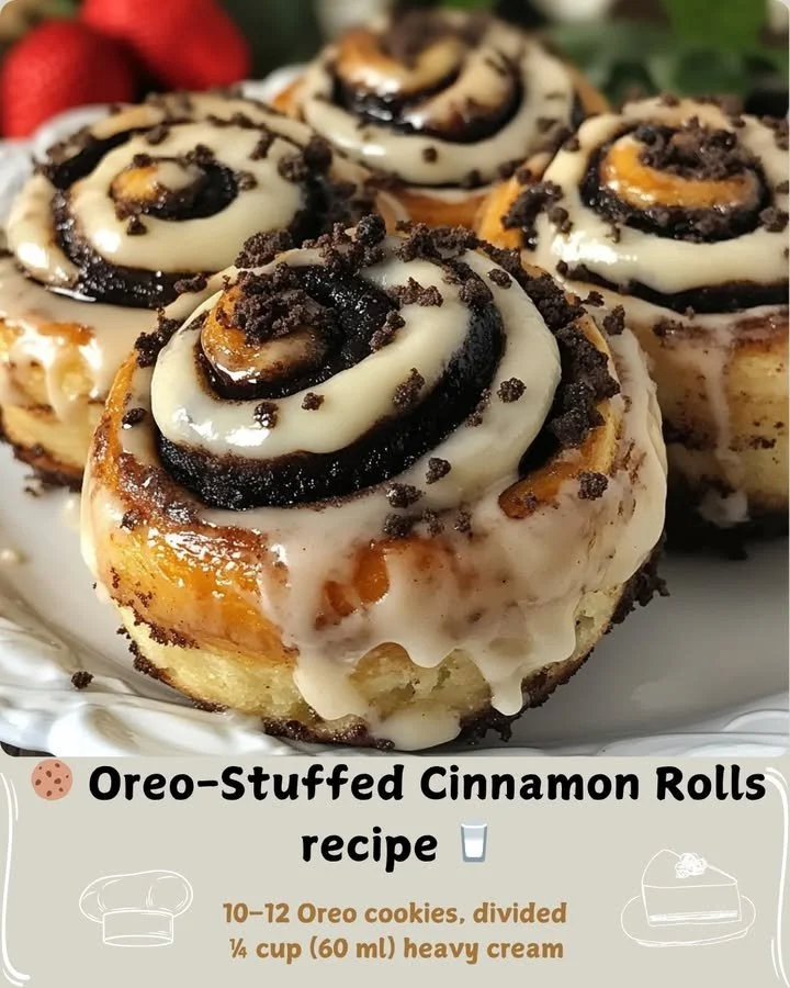 Oreo-Stuffed Cinnamon Rolls with chocolate and cinnamon drizzle.