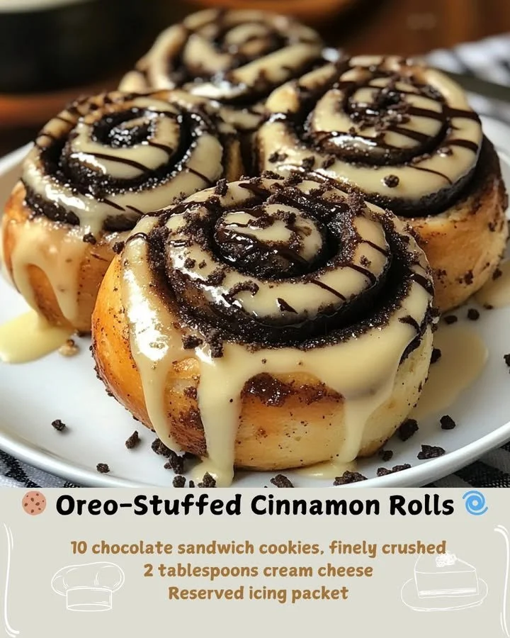 Oreo-stuffed cinnamon rolls topped with creamy frosting and crushed Oreos