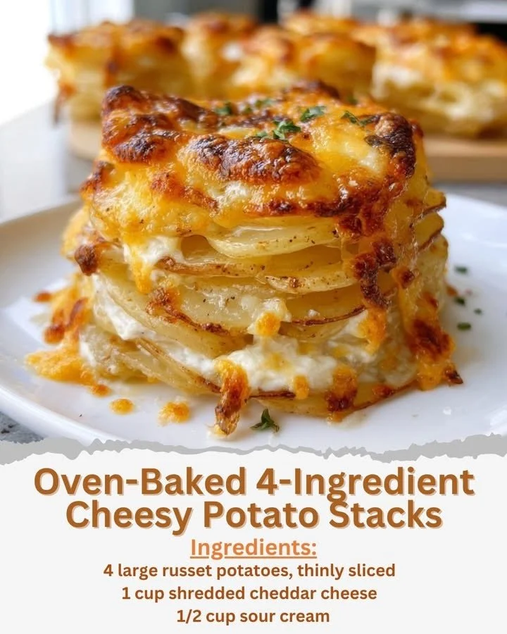 Oven-baked cheesy potato stacks with four ingredients ready to serve.