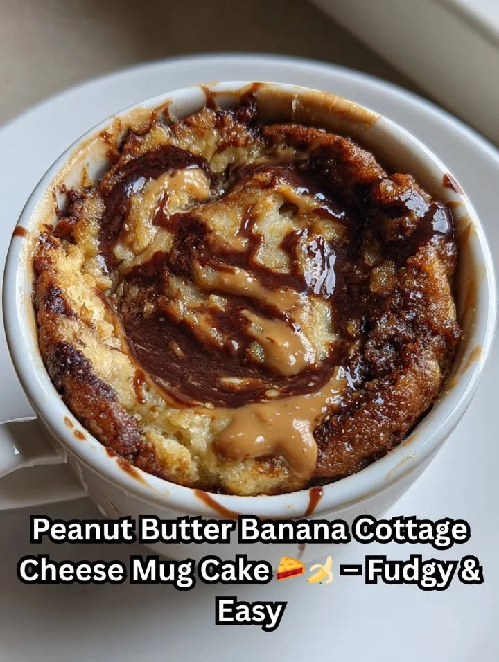 Peanut Butter Banana Cottage Cheese Mug Cake in a white mug with a spoon