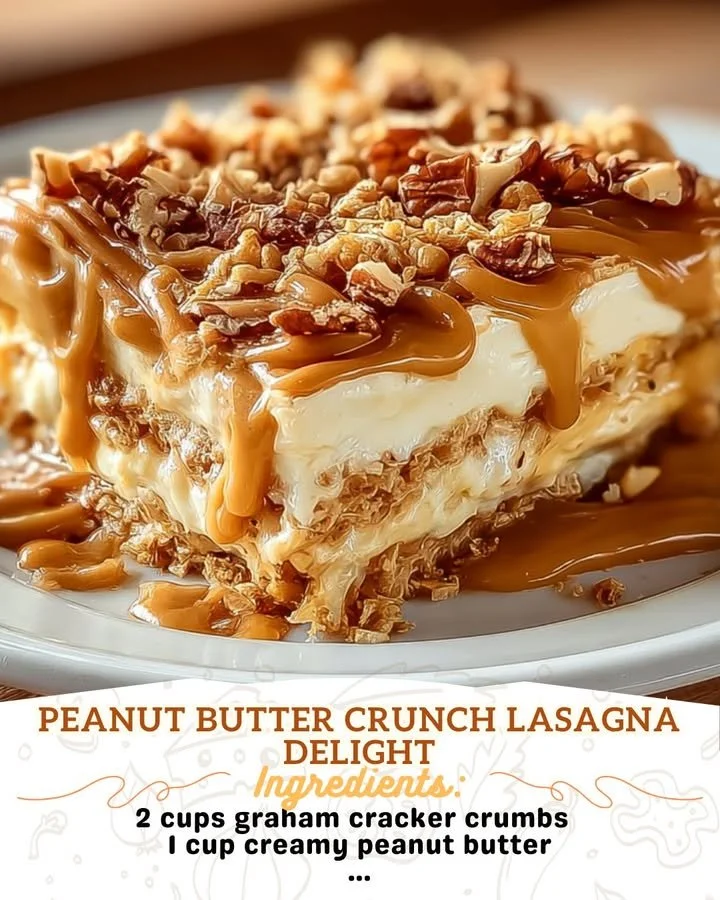 Delicious Peanut Butter Crunch Lasagna topped with whipped cream and crushed peanuts