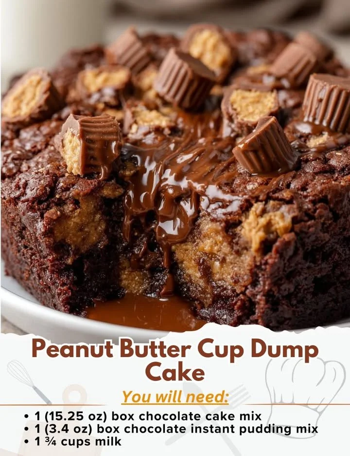 Delicious Peanut Butter Cup Dump Cake topped with chocolate and peanut butter