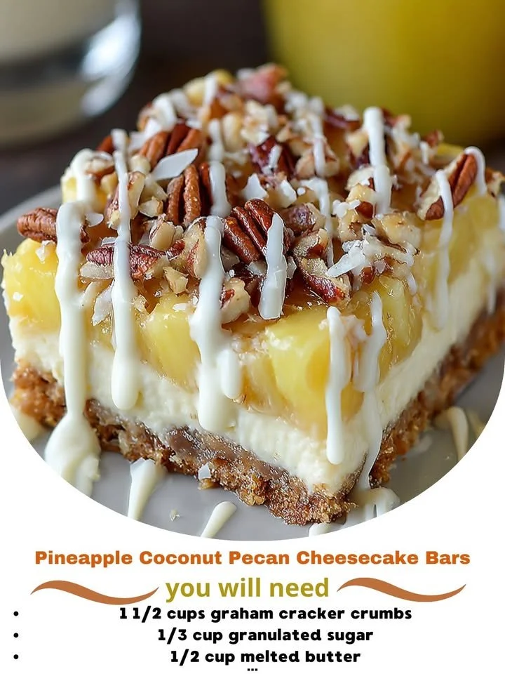 Delicious Pineapple Coconut Pecan Cheesecake Bars on a plate