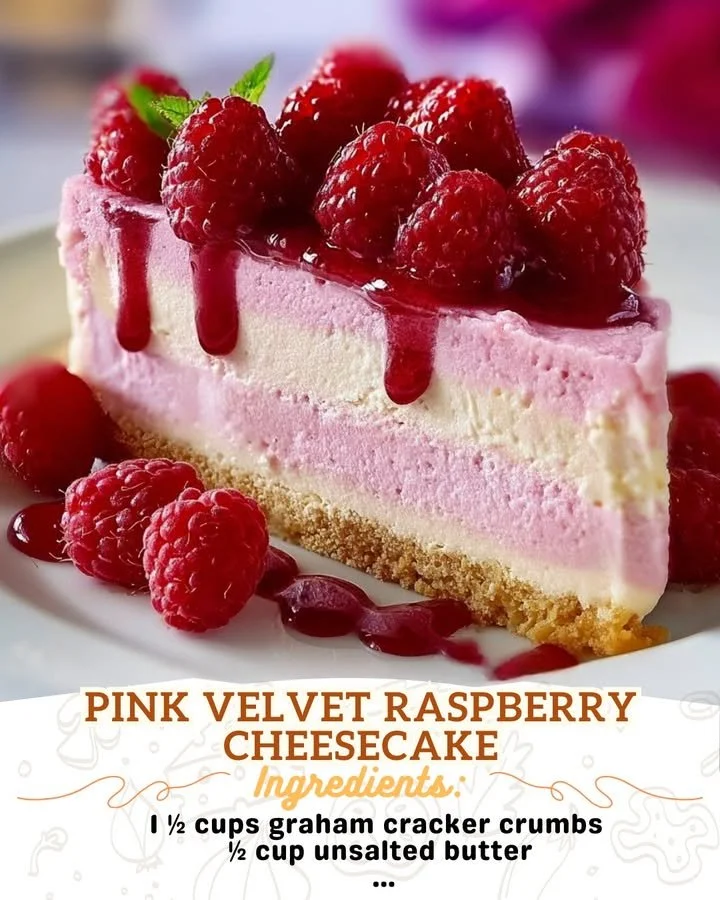 Slice of Pink Velvet Raspberry Cheesecake topped with fresh raspberries