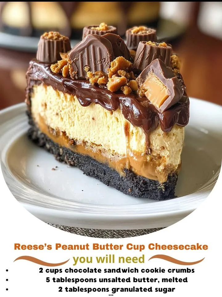 Delicious Reese's Peanut Butter Cup Cheesecake topped with chocolate and peanut butter cups.