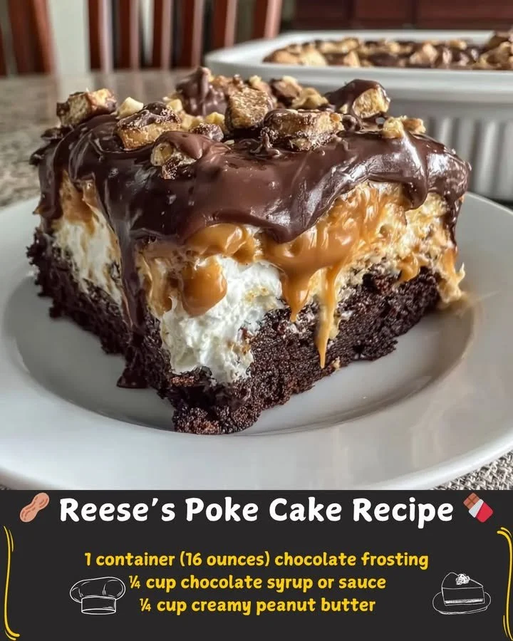 Delicious Reese's Poke Cake topped with chocolate and peanut butter