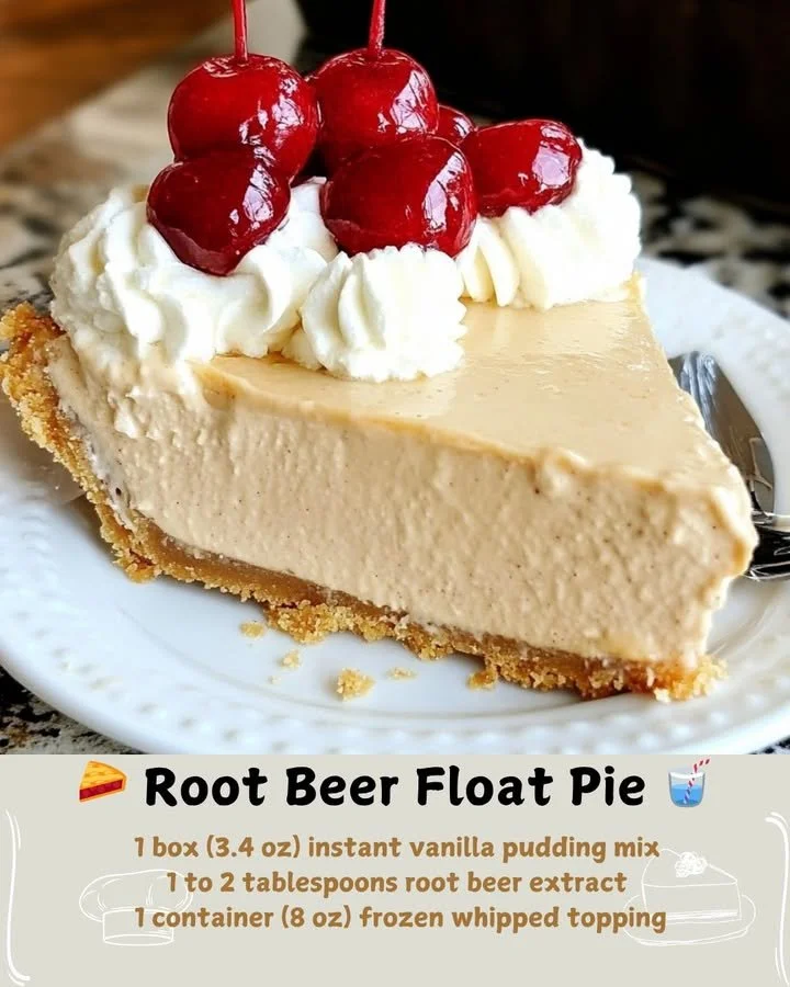 Delicious Root Beer Float Pie topped with whipped cream and a cherry