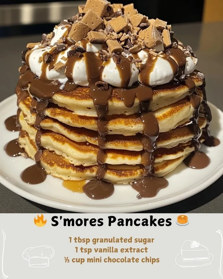 Delicious S'mores Pancakes topped with chocolate and marshmallows
