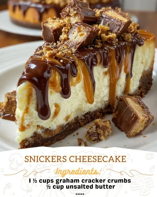 Delicious Snickers Cheesecake topped with chocolate, caramel, and peanuts