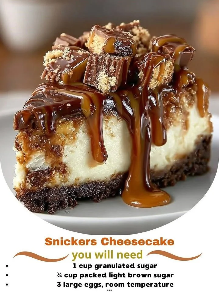 Delicious Snickers cheesecake topped with caramel and peanuts