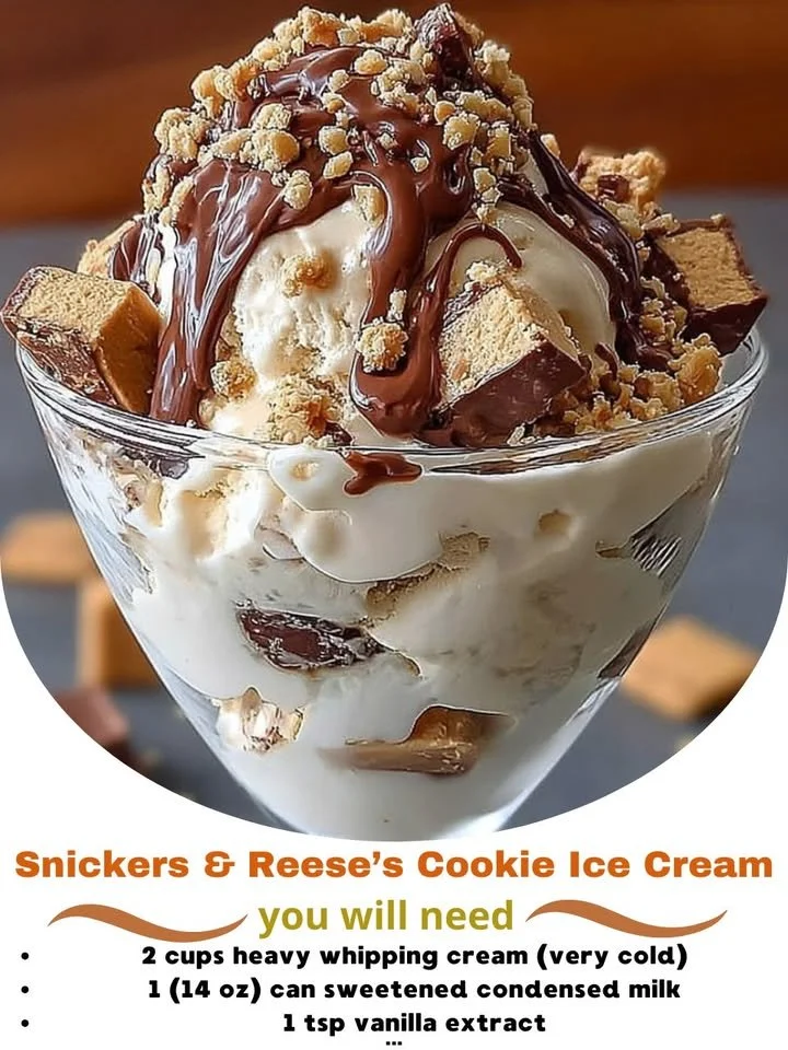 Delicious Snickers and Reese's cookie dough ice cream served in a bowl