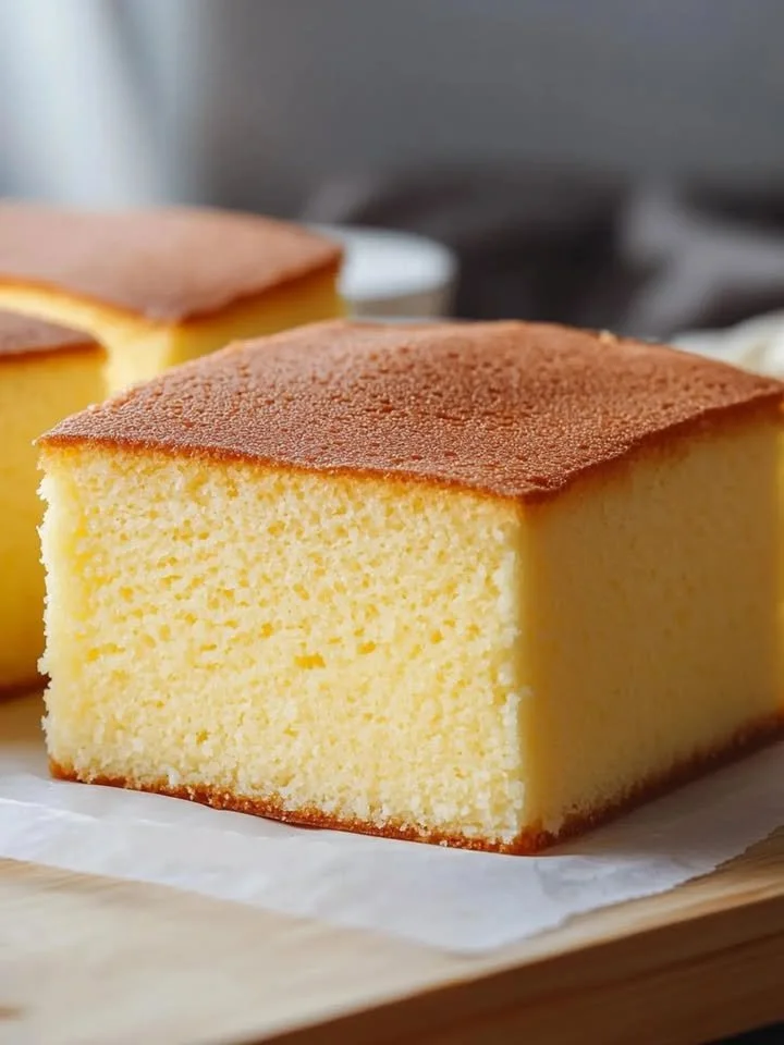 Soft and fluffy Castella cake ready to be served on a plate