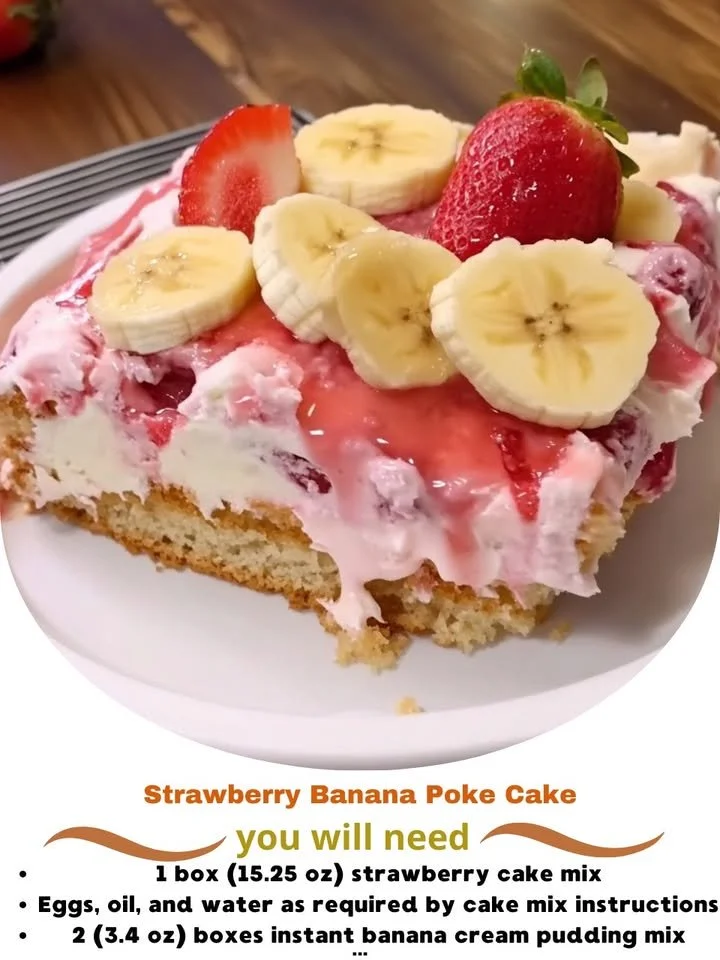 Delicious strawberry banana poke cake topped with whipped cream and fruit.