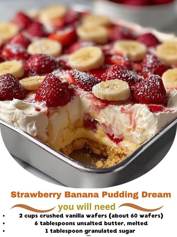 Delicious strawberry banana pudding in a glass dessert dish