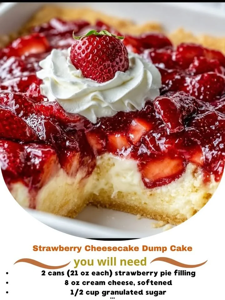 Delicious Strawberry Cheesecake Dump Cake topped with fresh strawberries