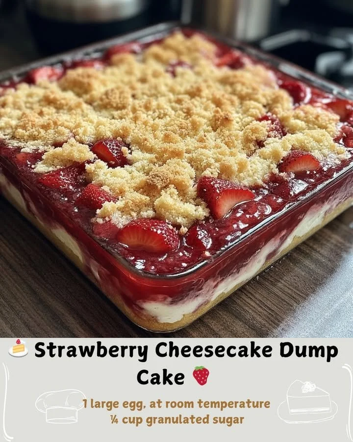 Delicious Strawberry Cheesecake Dump Cake with fresh strawberries and creamy cheesecake
