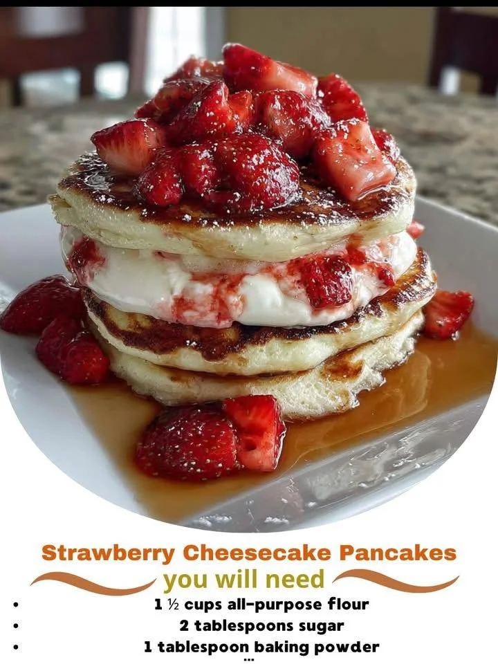 Delicious strawberry cheesecake pancakes topped with fresh strawberries and cream