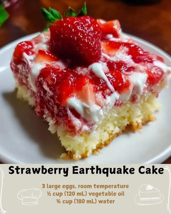 Delicious Strawberry Earthquake Cake topped with fresh strawberries and icing