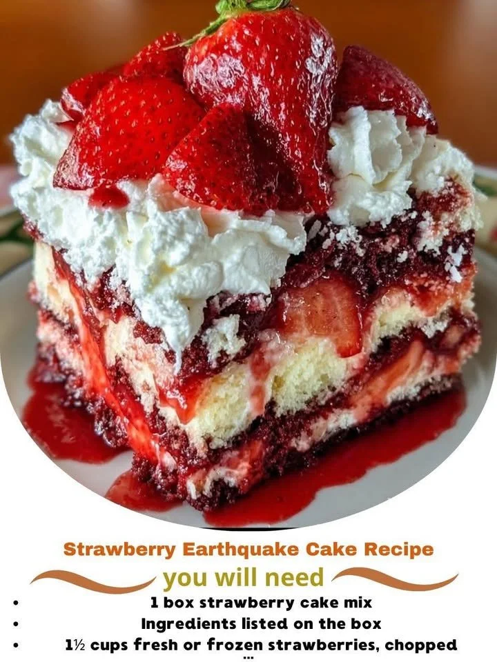 Delicious Strawberry Earthquake Cake with fresh strawberries and creamy frosting