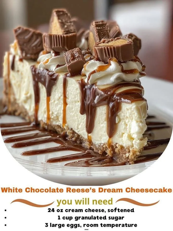 White Chocolate Reese’s Dream Cheesecake topped with chocolate and peanut butter