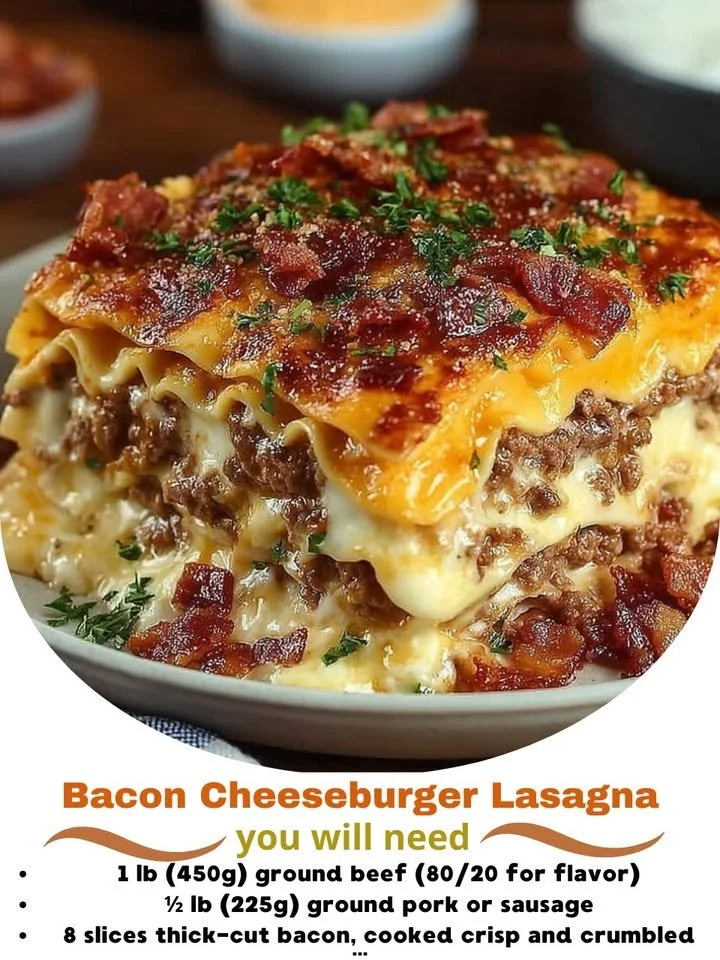 Delicious Bacon Cheeseburger Lasagna layered with cheese and bacon