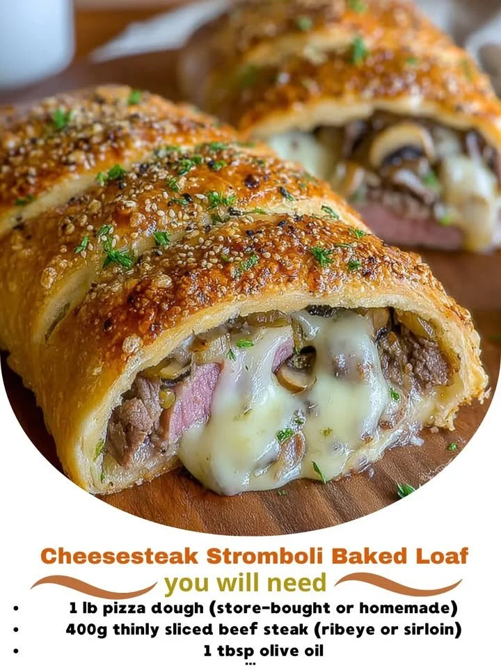 Baked cheesesteak stromboli loaf with melty cheese and beef filling