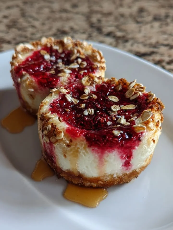 Baked Raspberry Vanilla Protein Pots topped with fresh raspberries and vanilla cream