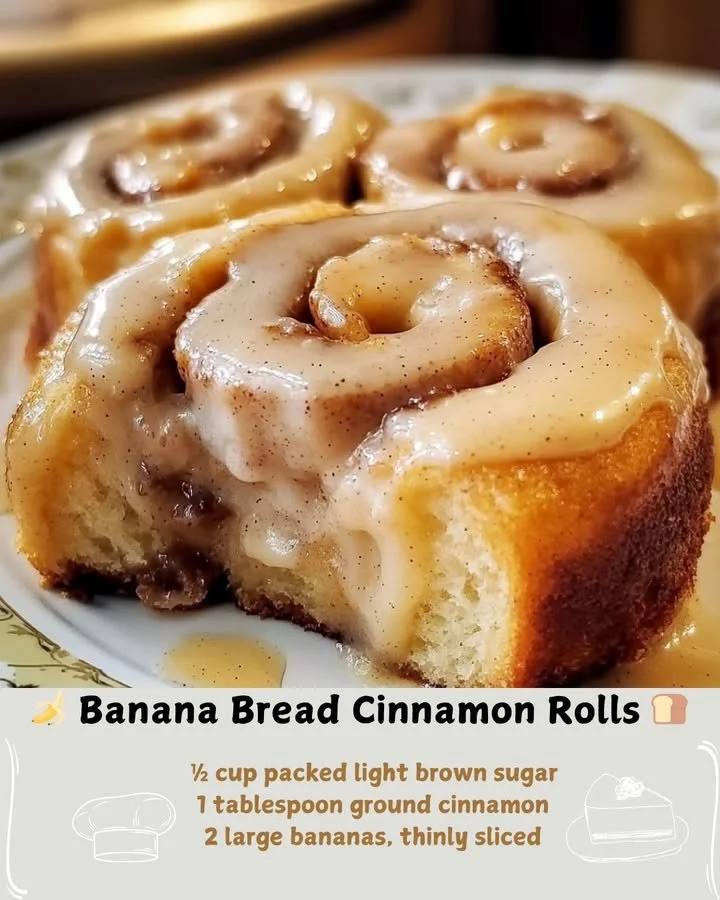 Delicious banana bread cinnamon rolls with icing on a plate