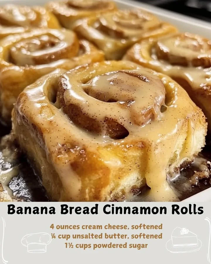 Delicious banana bread cinnamon rolls topped with creamy glaze