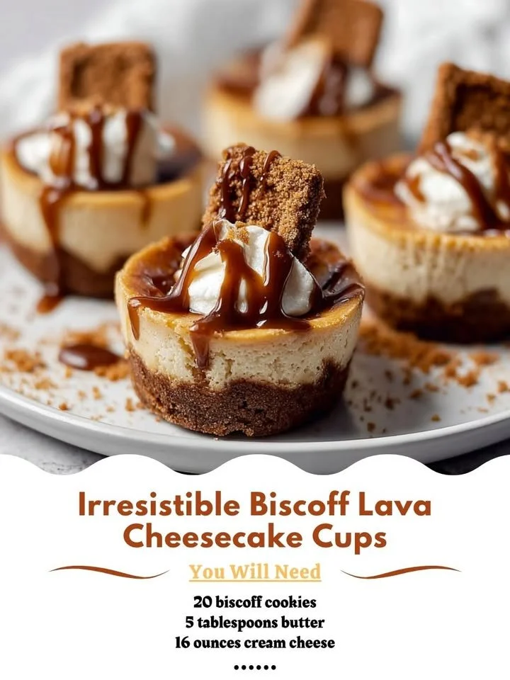 Delicious Biscoff Lava Cheesecake Cups with molten center and cookie toppings