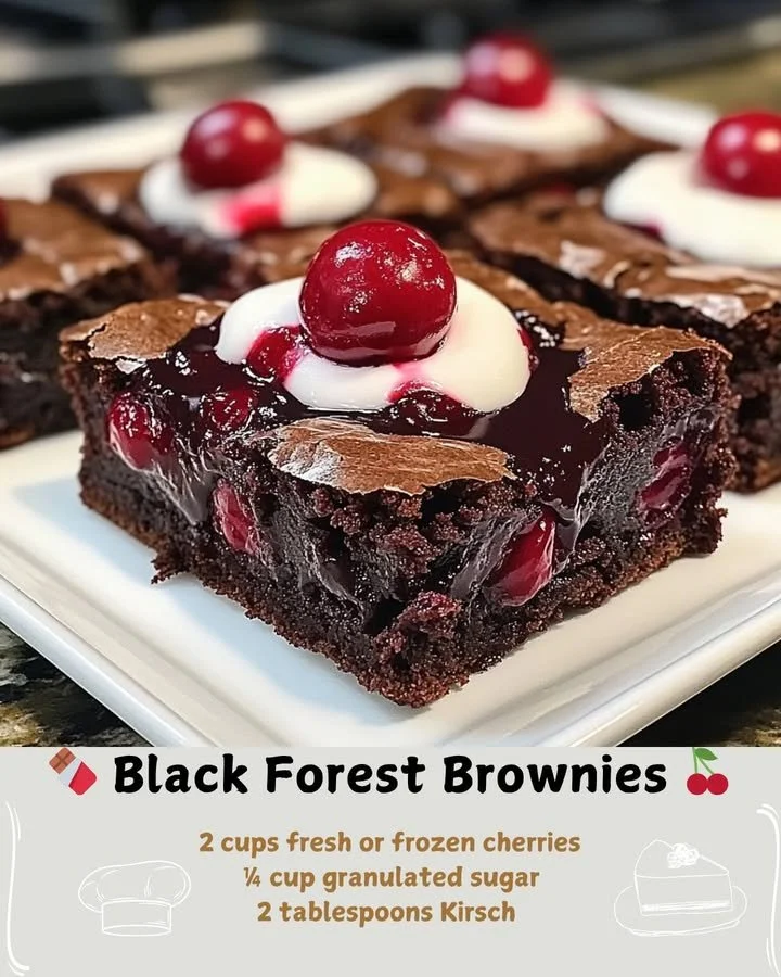 Delicious homemade Black Forest Brownies topped with cherries and whipped cream