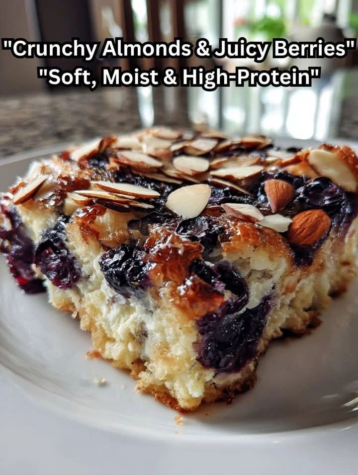 Blueberry almond cottage cheese breakfast bake fresh out of the oven