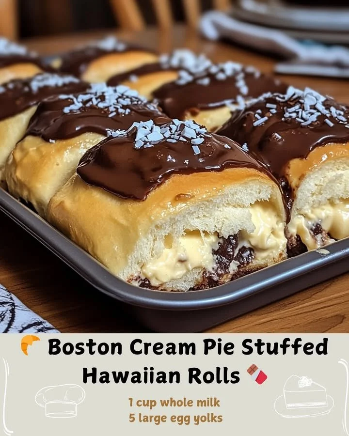Boston Cream Pie Stuffed Hawaiian Rolls with chocolate glaze and creamy filling