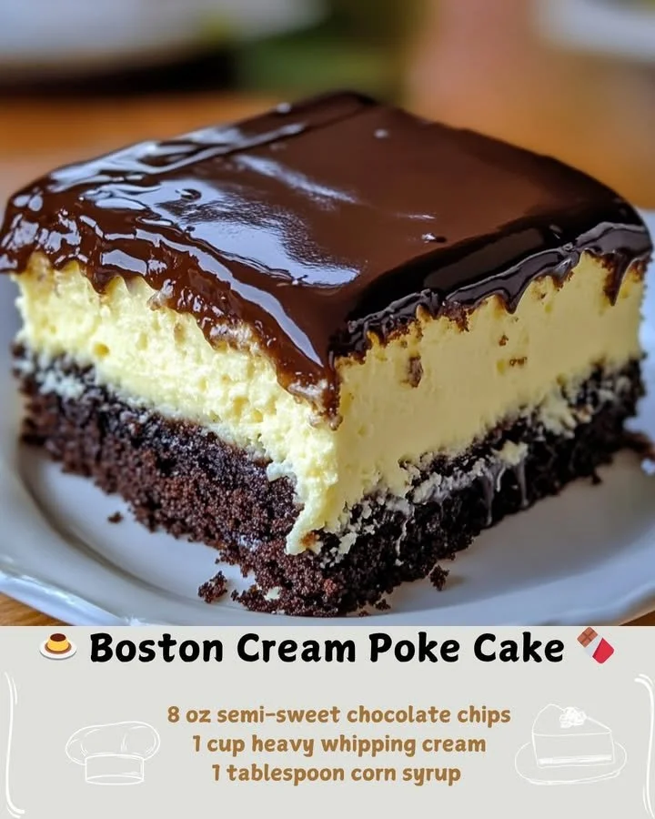 Slice of Boston Cream Poke Cake with chocolate and cream filling