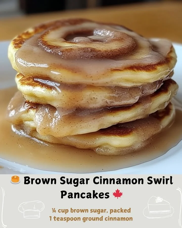 Delicious brown sugar cinnamon swirl pancakes topped with syrup.