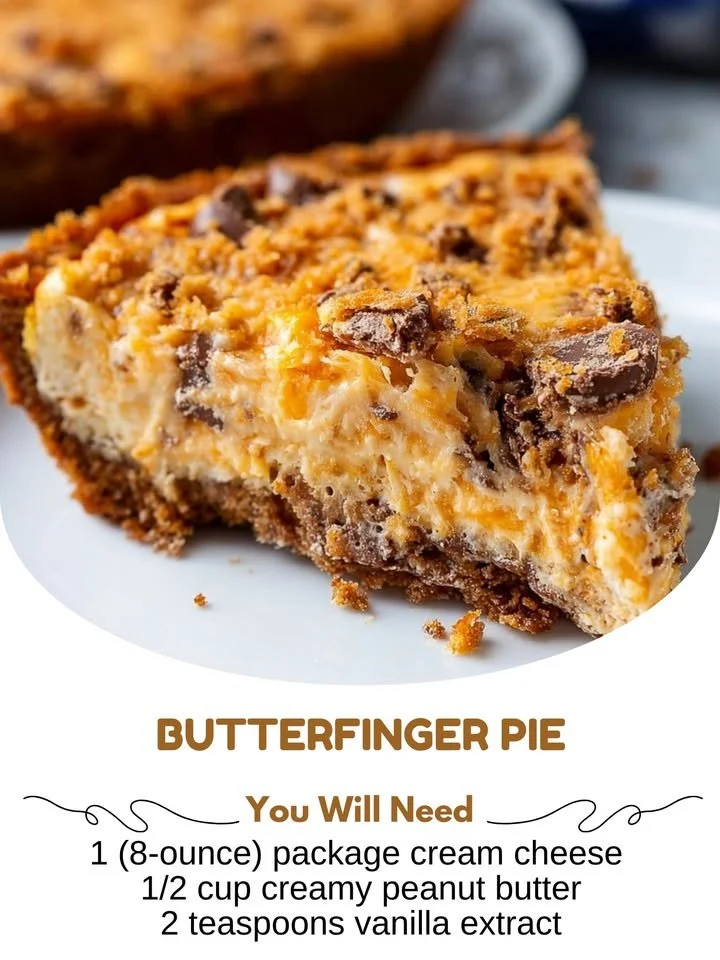 Delicious and creamy Butterfinger Pie topped with chocolate and candy garnishes